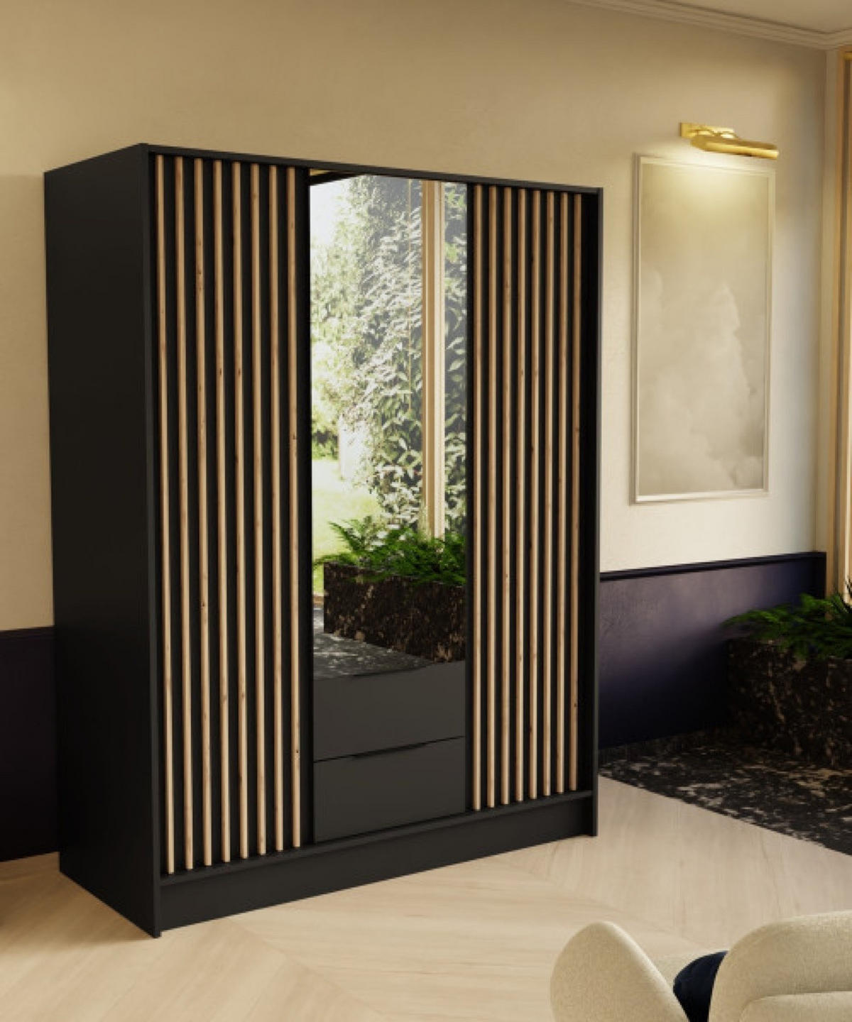 SCHRANK Schwarz ORE Mit Lamellen Und Spiegel Mit Spiegel - Goldfarben/Schwarz, Holzwerkstoff (150.5/200/51cm) - Sepro Meble