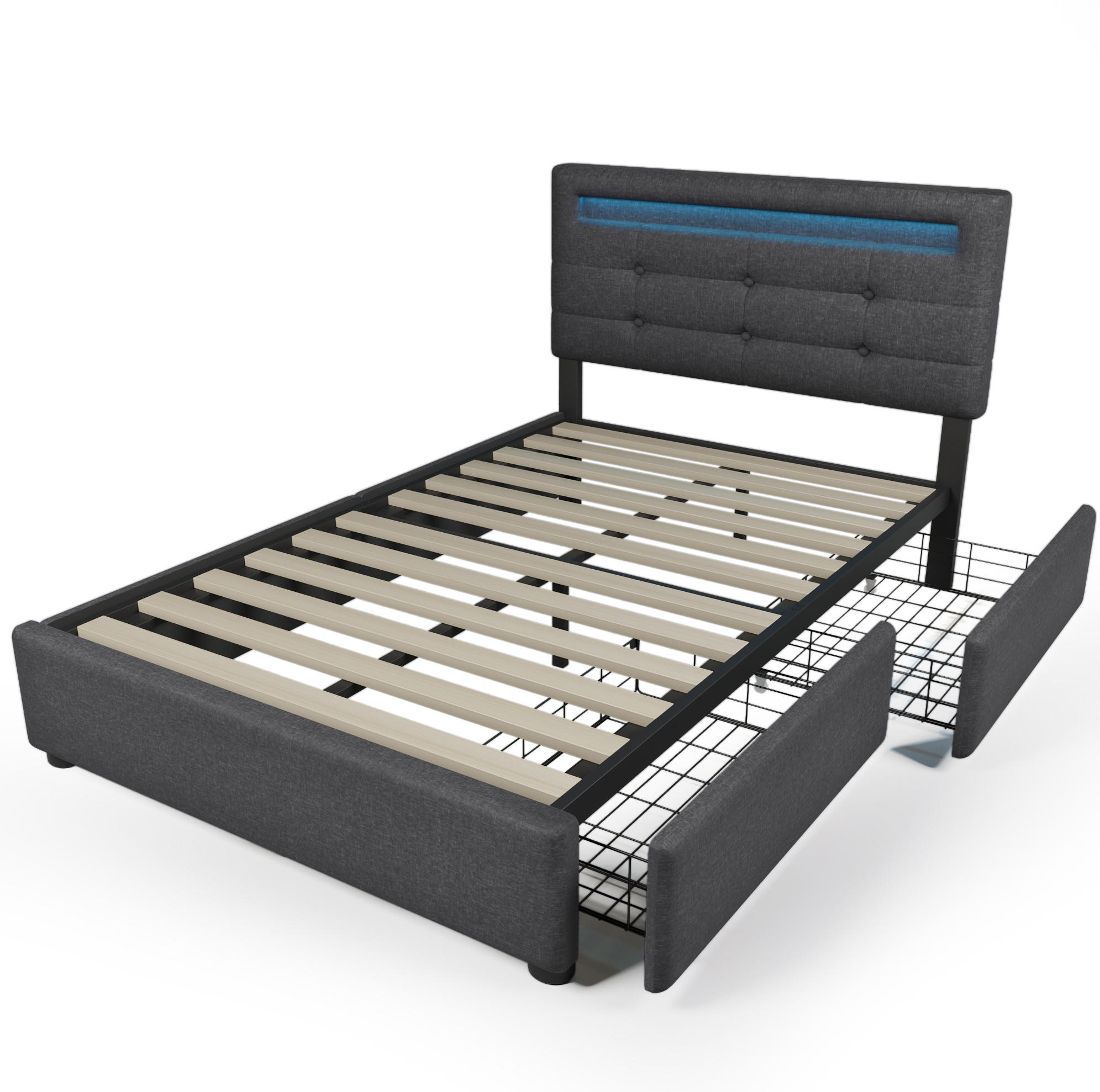 POLSTERBETT 90/200 cm Grau aus Leinen mit LED-Beleuchtung und 2 Schubladen - Grau, Textil (90/200cm) - OKMYHOME