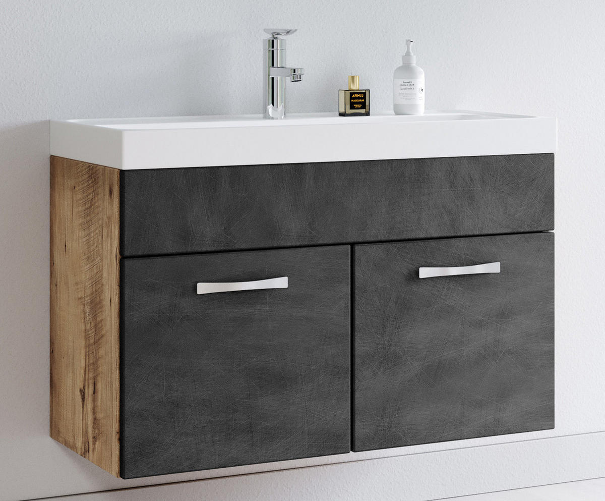 BADMÖBEL-SET Paso 2 Teile Kastanien Eiche / Grau - 80 x 35 x 55 cm - Eichefarben/Grau, Holz (80/55/40cm) - Badplaats