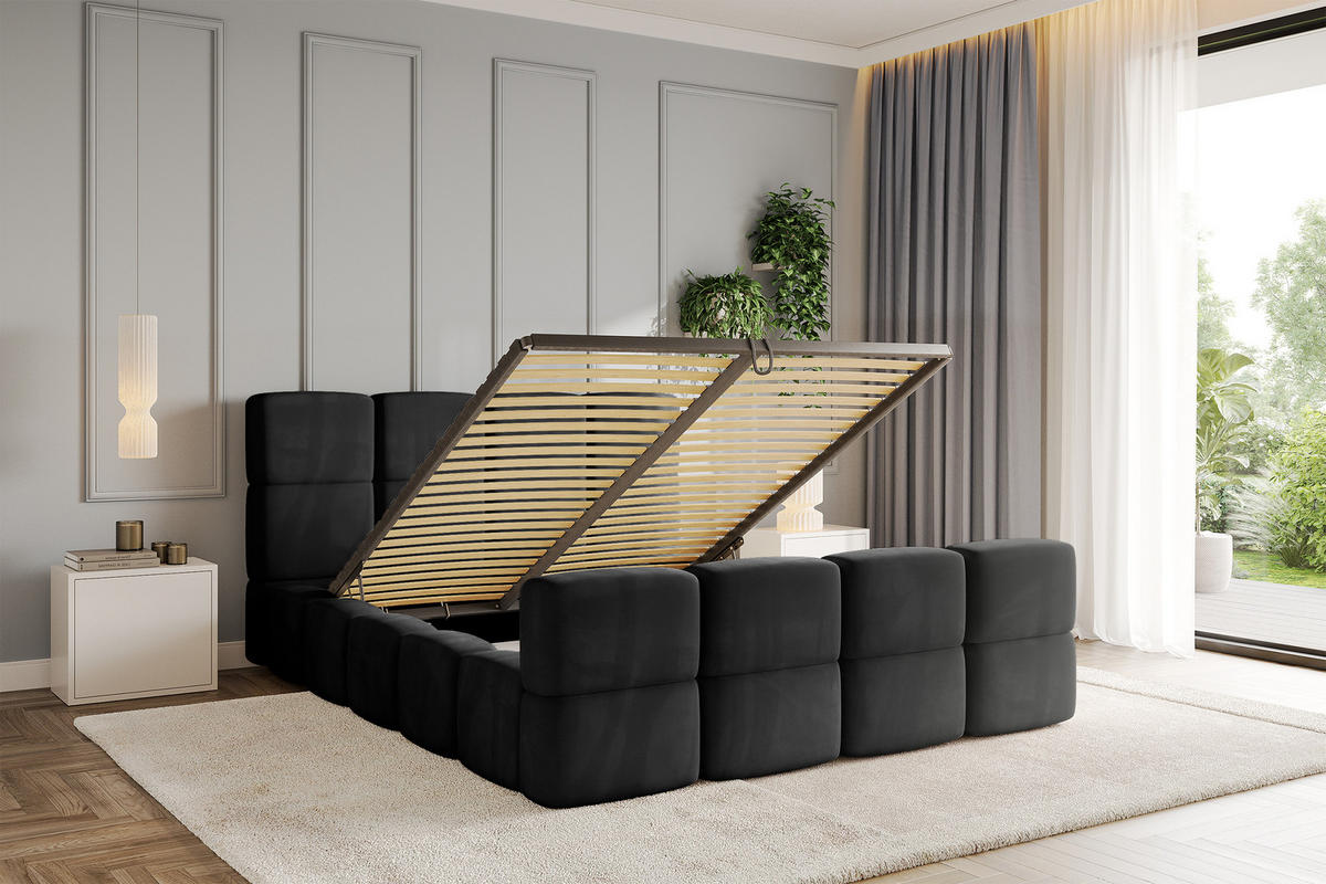 POLSTERBETT mit Bettkasten und Lattenrost, Bett mit Kopfteil, Boxbett ohne Matratze, Doppelbett mit Stauraum - NATA-Z 120x200 Schwarz - Schwarz Hochglanz, Holzwerkstoff/Textil (120/200cm) - ALTDECOR