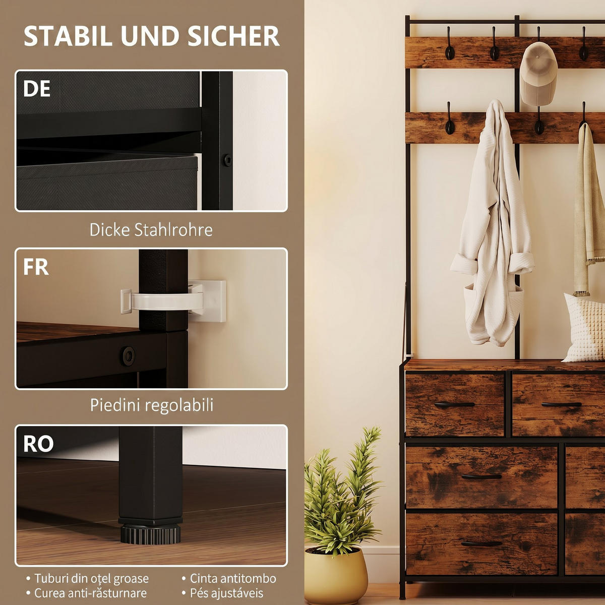 GARDEROBENSTÄNDER Spanplatte, Stahl Rustikal-Braun - Schwarz/Braun, Holzwerkstoff/Textil (30/183/100cm) - HOMCOM