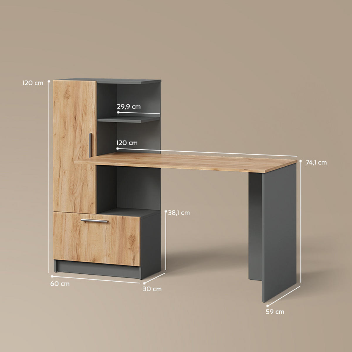 SCHREIBTISCH Lorena Anthrazit/Goldkraft Eiche 150 x 120.1 cm mit 2 Türen - Anthrazit, Holzwerkstoff (59.3/150/120.1cm) - Livinity®