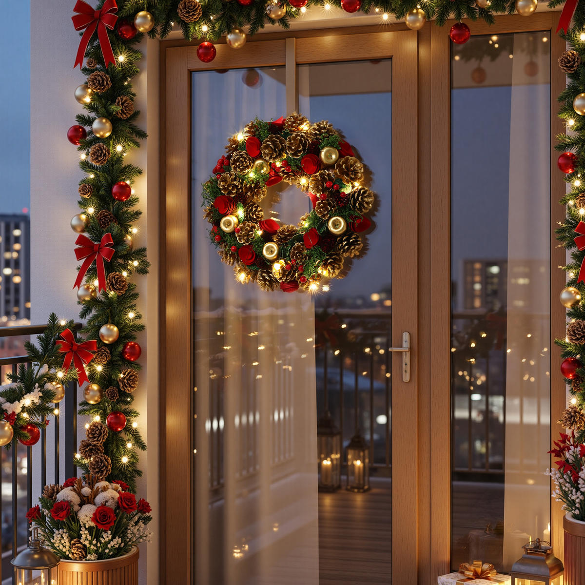 WEIHNACHTSKRANZ mit 15 LEDs, Timer, Zapfen & Blüten - Dunkelgrün, Naturmaterialien (34cm) - Hometopia