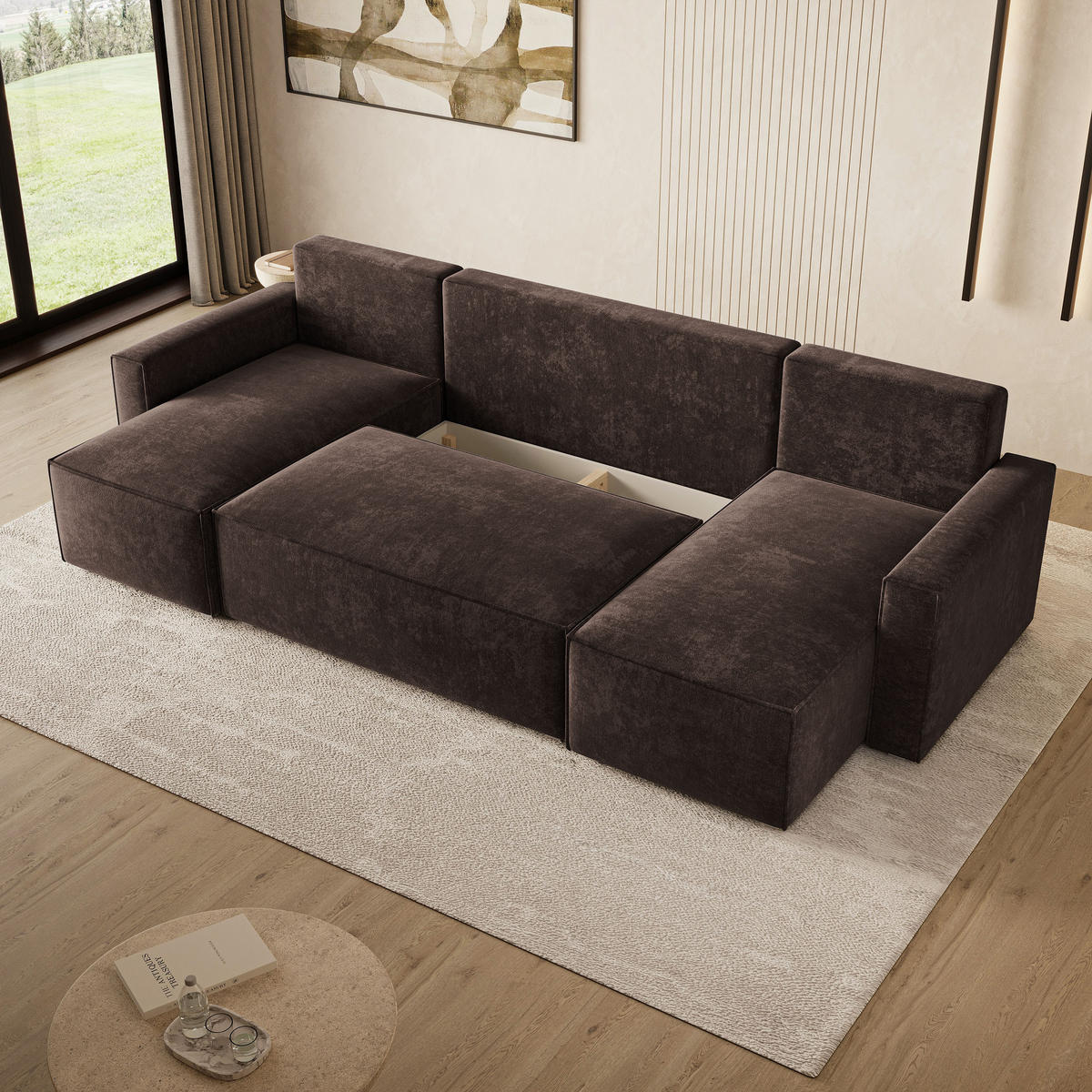 WOHNLANDSCHAFT ASPRA LM Braun Chenille mit Schlaffunktion - Dunkelbraun, Holz (295/85/140cm) - MASSENO