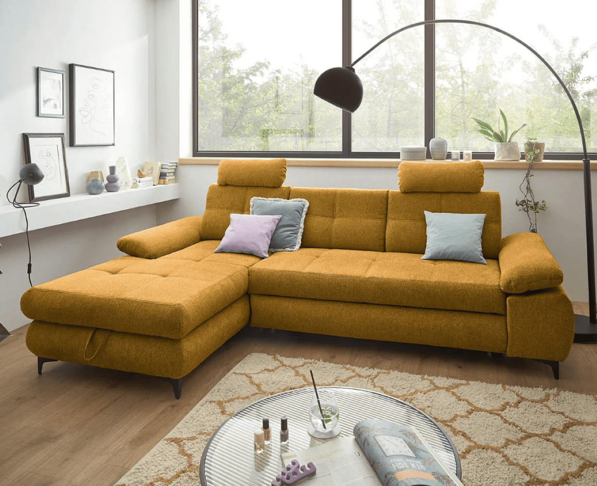 ECKSOFA mit Schlaffunktion und Bettkasten - Gelb/Schwarz, Kunststoff/Textil (274/177cm) - ed exciting design