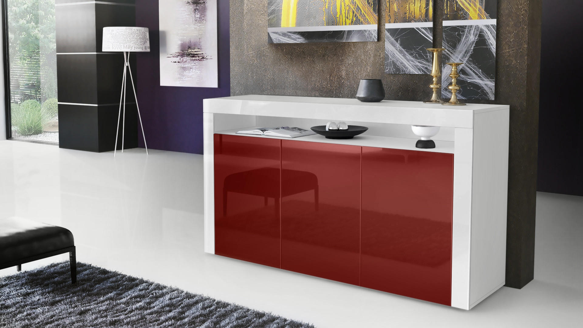 SIDEBOARD Valencia Bordeaux Hochglanz / Weiß Hochglanz - Bordeaux, Holzwerkstoff (155/92/40cm) - Vladon