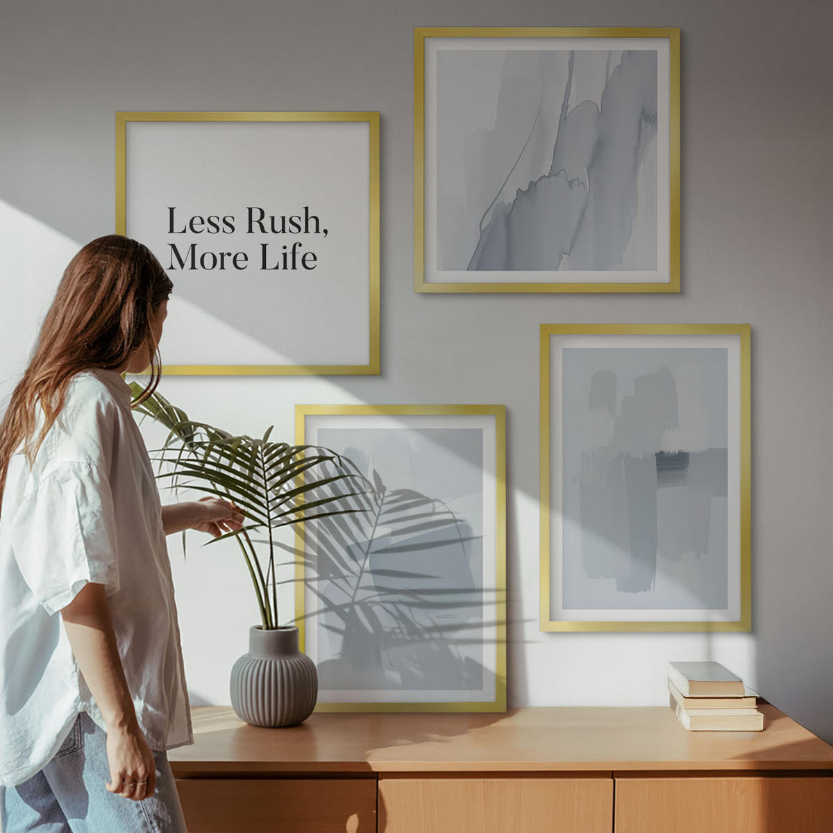 WANDBILDER 4er Set - 50x50 cm & 40x60 cm Goldrahmen - Abstrakte Aquarellkompositionen - Goldfarben, Kunststoff (50/50cm) - ArtPrintCave