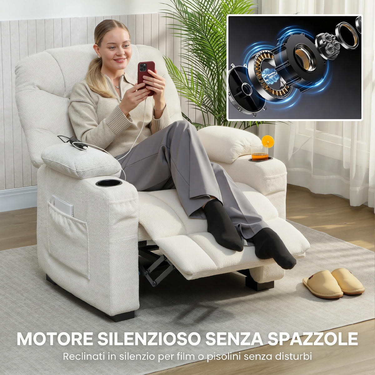 RELAXSESSEL,ELEKTRISCH 150° Samt Memory Fernbedienung Fußstütze,creme - Creme, Textil (90/105/94cm) - Vallsero