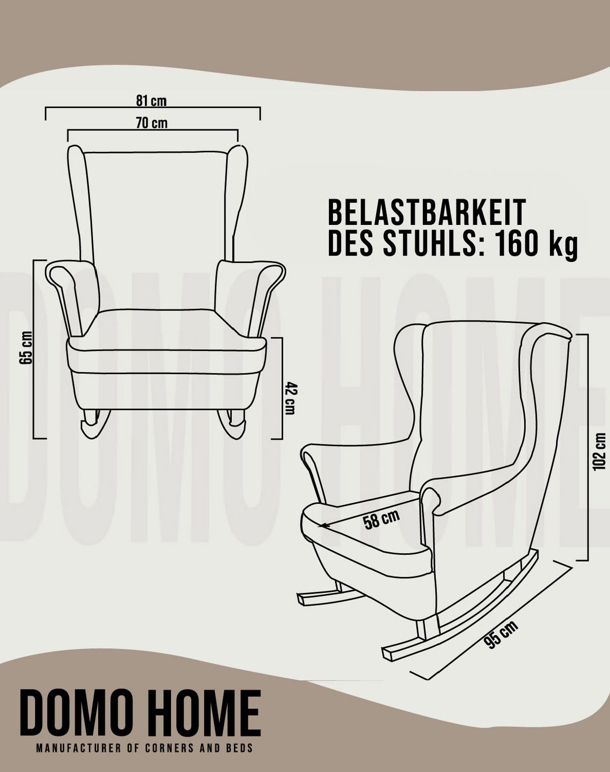 SCHAUKELSESSEL mit gepolstertem Sitz und Armlehnen, 102x81x95 cm, Braun_29813 - Graubraun/Weiß, Holz/Textil (81/102/95cm) - DomoHome
