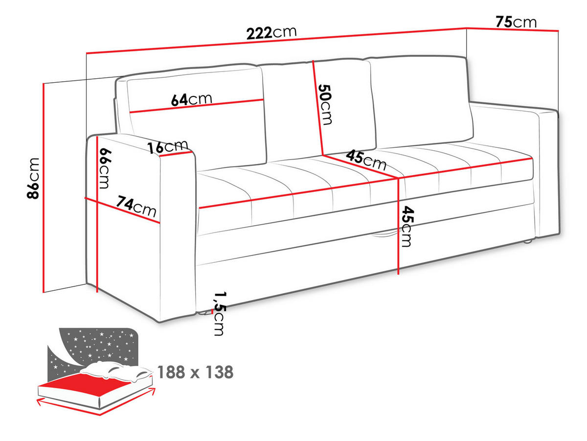 SCHLAFSOFA Calabrini - Schwarz/Grau, Holz/Kunststoff (222/86/75cm) - MIRJAN24