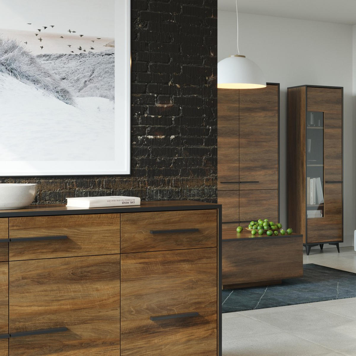 DREHTÜRENSCHRANK Felia mit 3 Türen, 135 cm - Walnussfarben/Schwarz, Holzwerkstoff (135/201/50.5cm) - Beautysofa