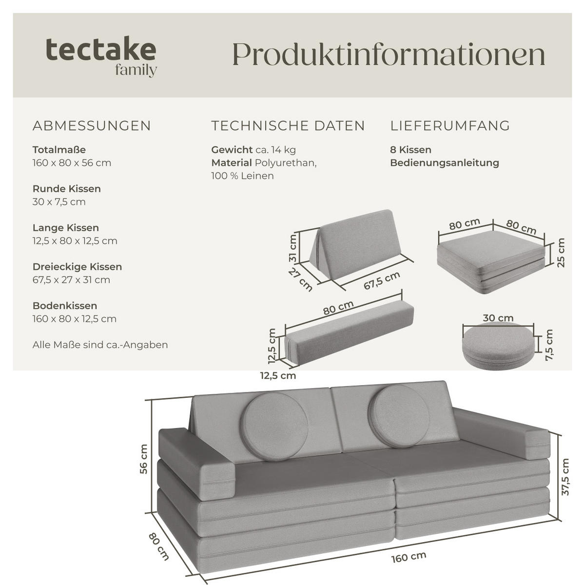 SPIELSOFA Lilly,stapelbar,grau - Grau, Textil (160/56/80cm) - tectake