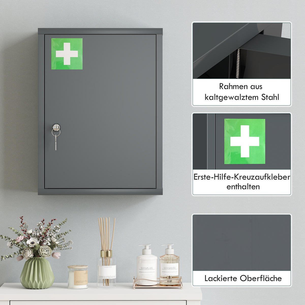 MEDIZINSCHRANK Kaltgewalzter Stahl Kohlegrau - Dunkelgrau, Metall (15/53.5/40cm) - Kleankin