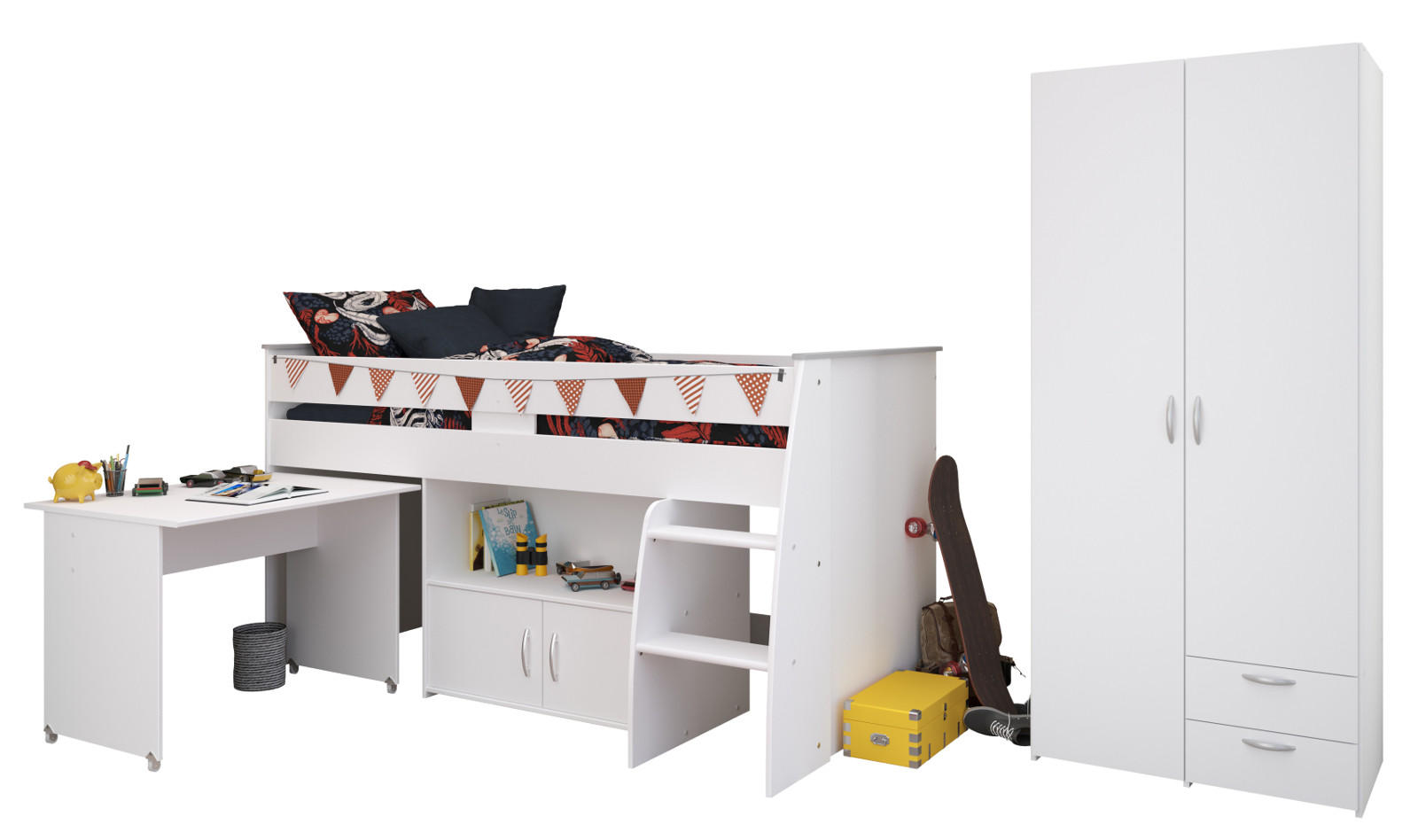 KINDERZIMMER weiß, Komplett-Set 2-teilig mit Stauraumbett, Kleiderschrank - Silberfarben/Weiß, Holzwerkstoff/Kunststoff (115/185/204cm) - Parisot Meuble