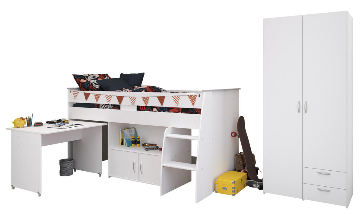 KINDERZIMMER weiß, Komplett-Set 2-teilig mit Stauraumbett, Kleiderschrank - Silberfarben/Weiß, Holzwerkstoff/Kunststoff (115/185/204cm) - Parisot Meuble