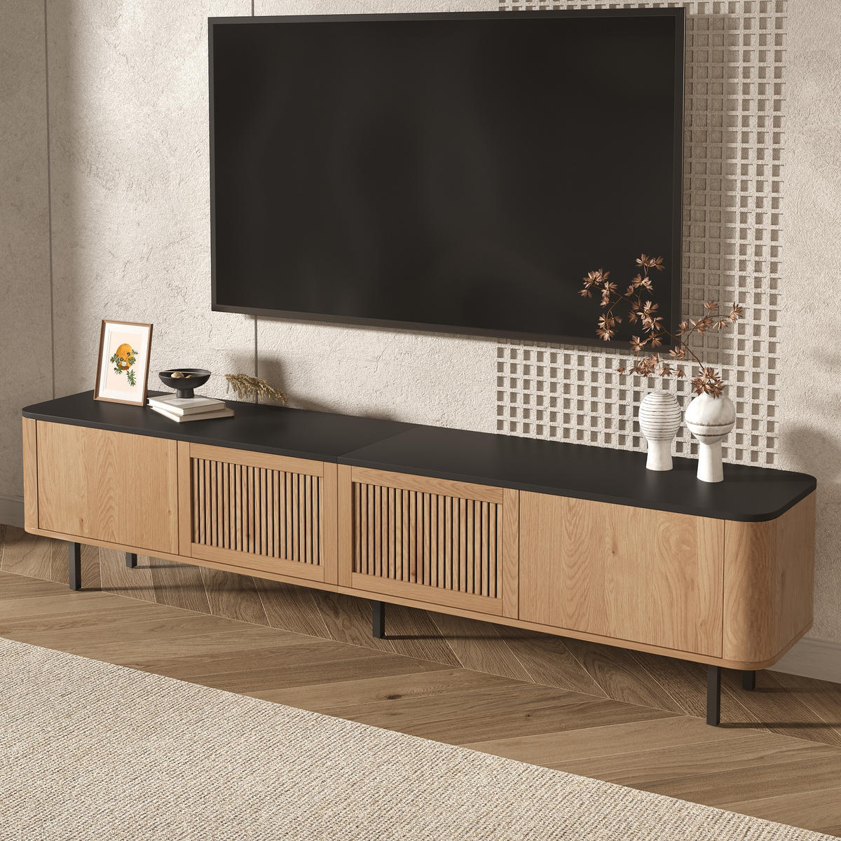 TV-SCHRANK 190cm modern TV-Ständer niedrig Design - Eichefarben, Holzwerkstoff (35/45/190cm) - FLIEKS