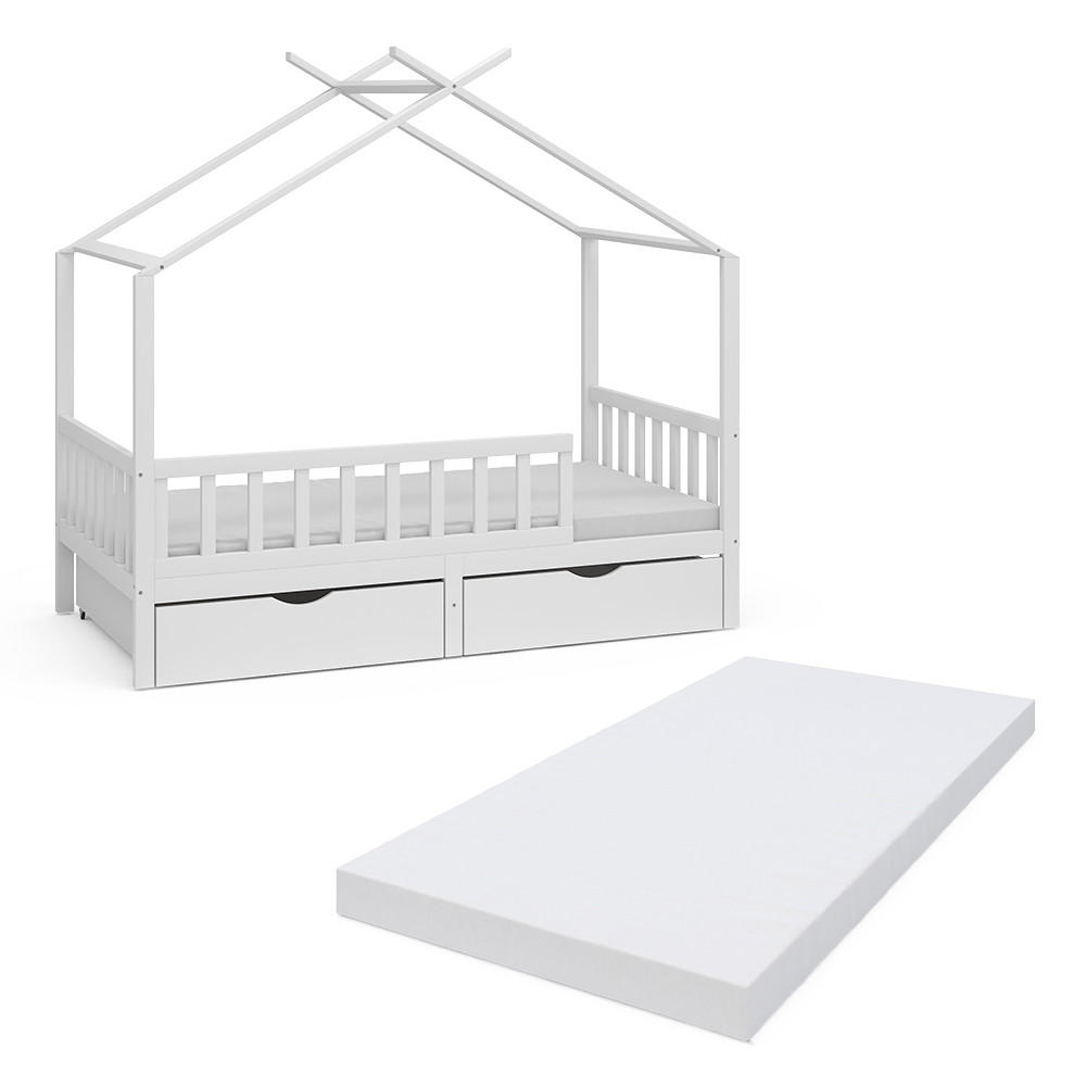 HAUSBETT Franka Weiß 80x160 cm mit 2 Schubladen und Matratze - Weiß, Holzwerkstoff (80/160cm) - VitaliSpa