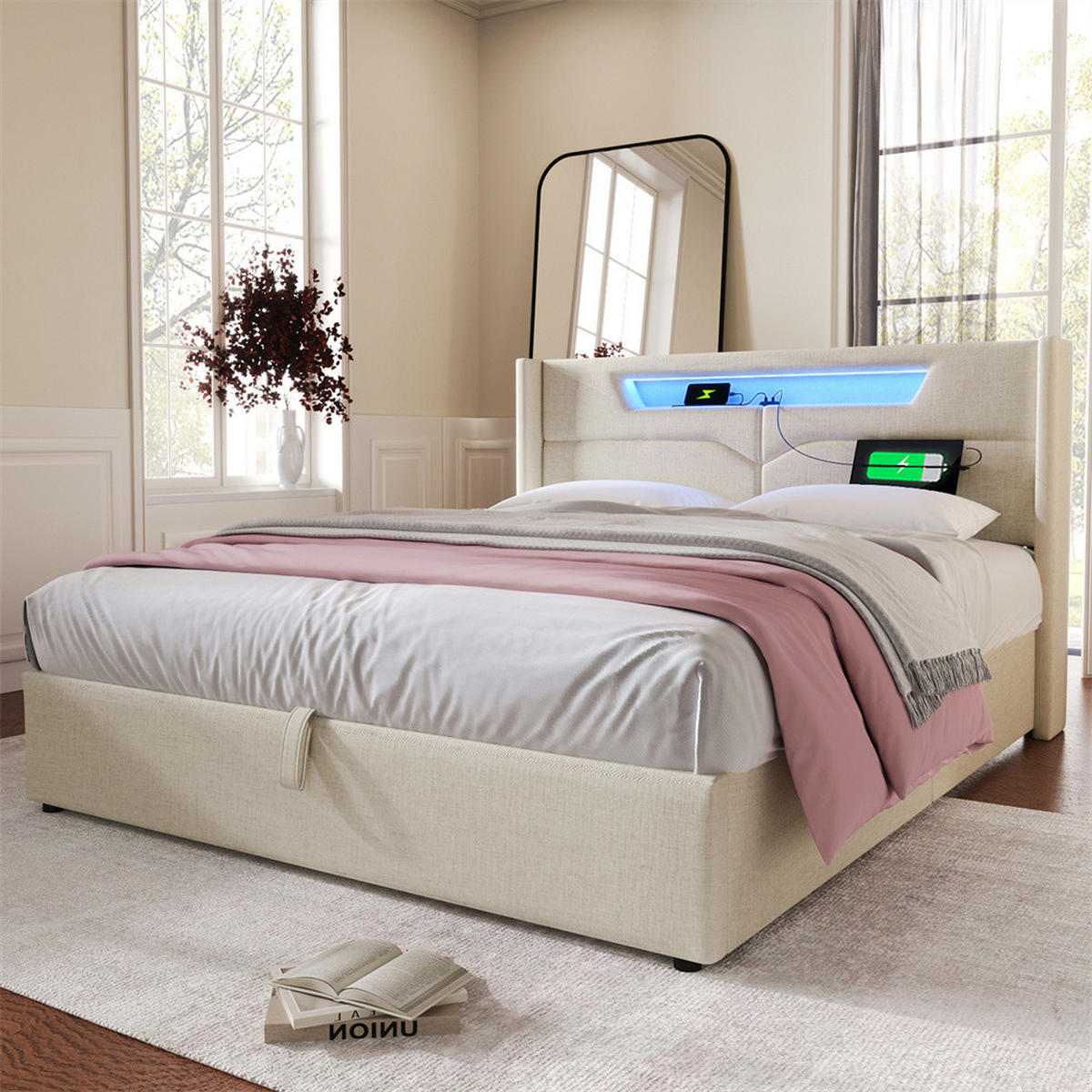 POLSTERBETT 140/200 cm in Beige Linen mit Matratze - Beige, Textil/Metall (140/200cm) - KOMHTOM