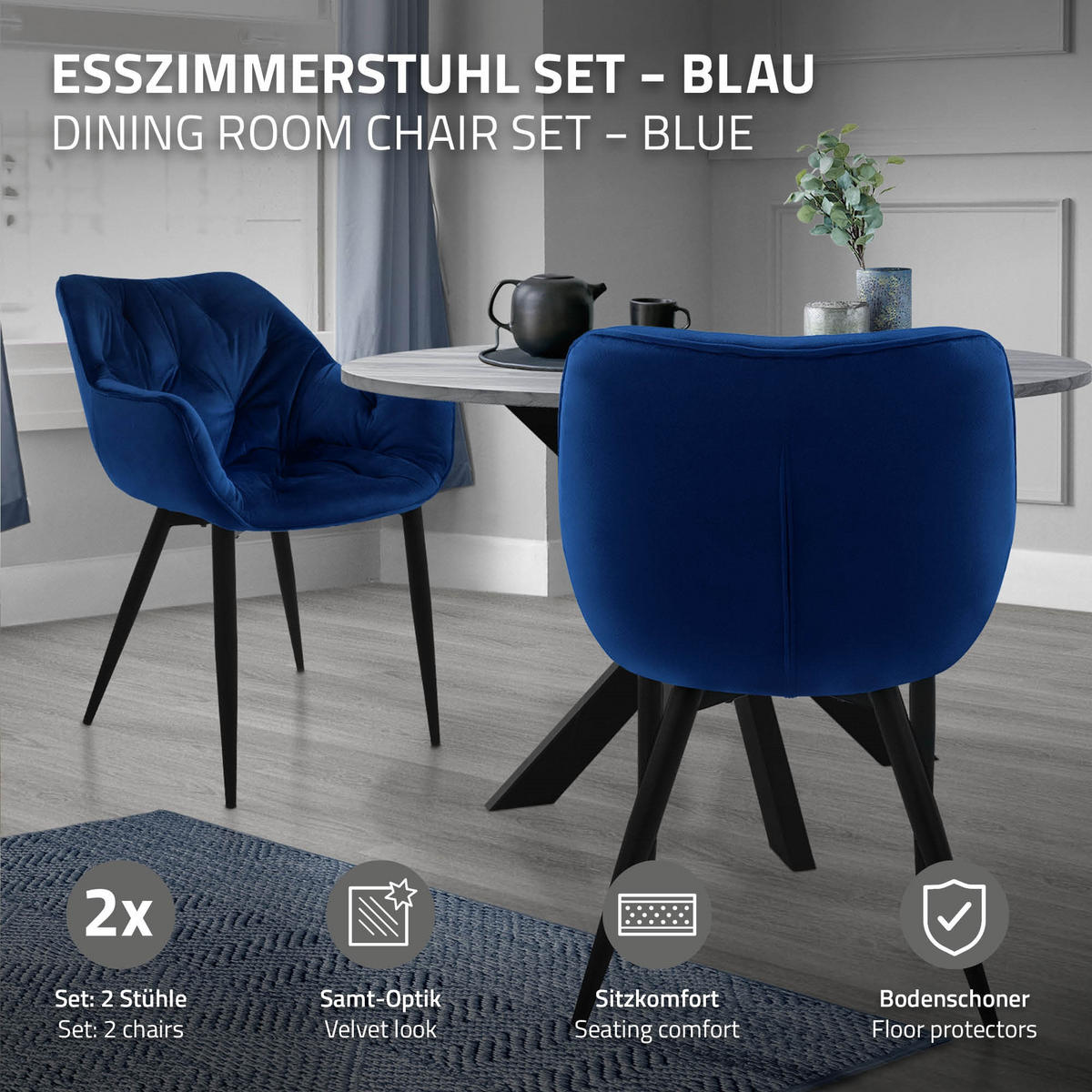 JÍDELNÍ ŽIDLE 2ks tmavě modrý samet - černá/tmavě modrá, kov (67/83/59cm) - ML-DESIGN