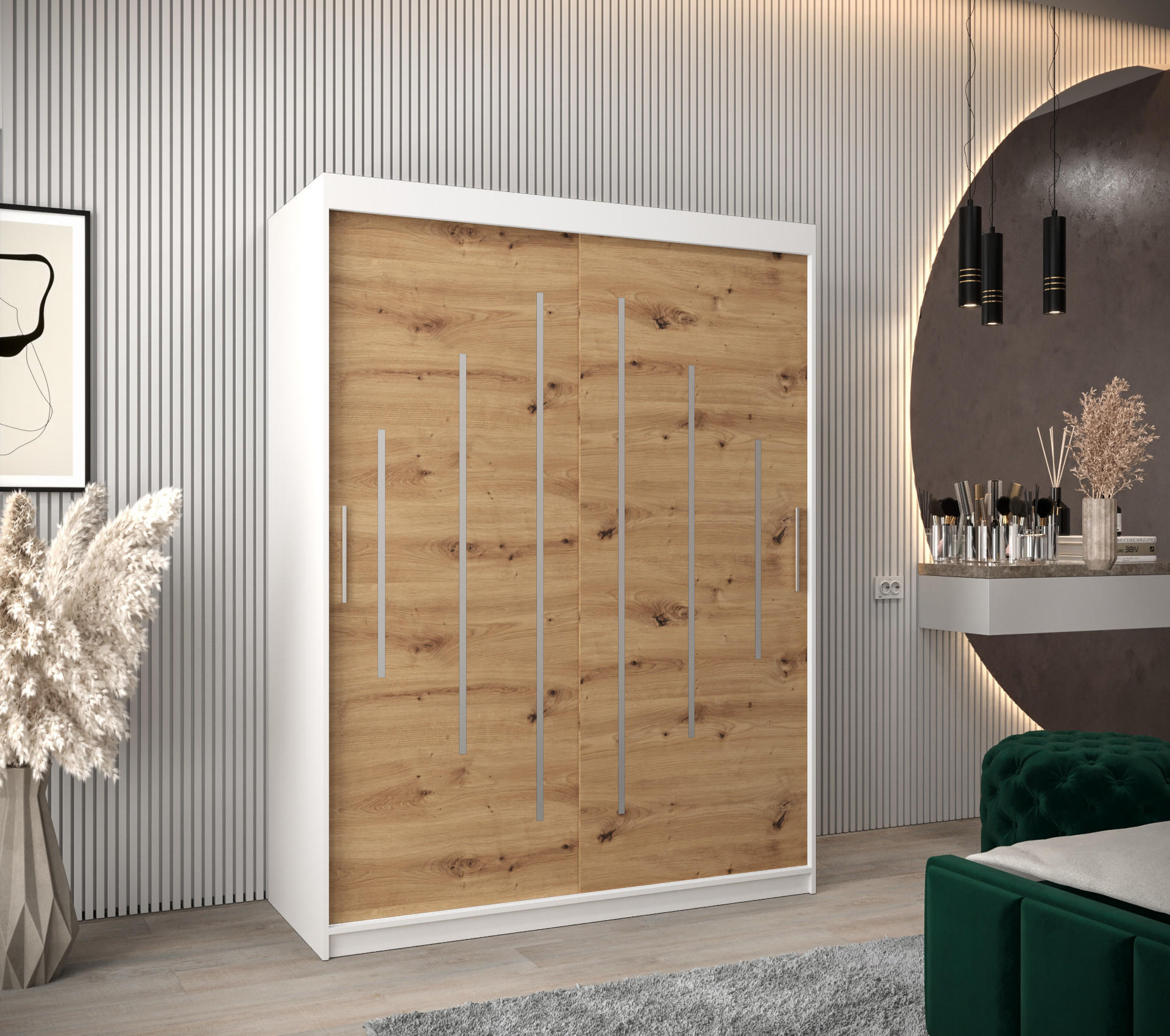 SCHWEBETÜRENSCHRANK 200/150/62 2-türig - Silberfarben/Eiche Artisan, Holz/Kunststoff (150/200/62cm) - Abiks Möbel