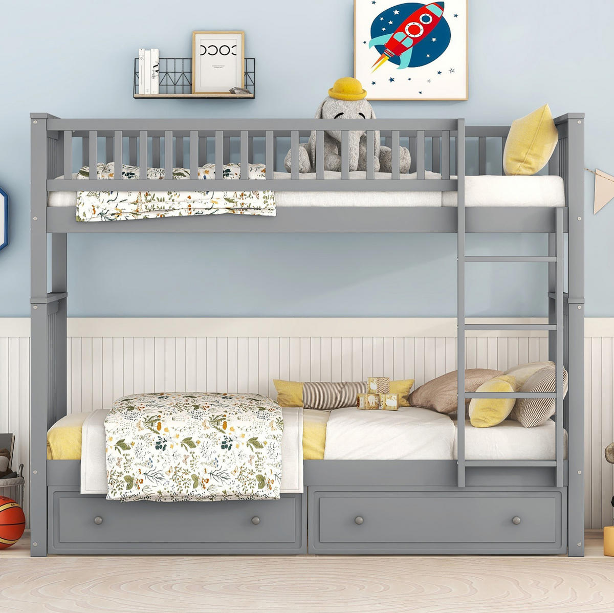 ETAGENBETT umbaubar mit 2 Schubladen 90x200 cm Kiefer Grau - Grau, Holzwerkstoff (90/200cm) - Beauniv