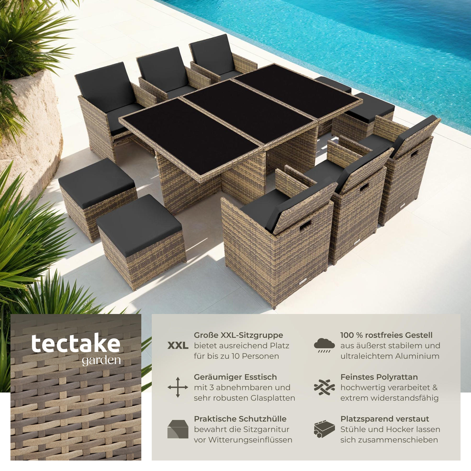 RATTAN SITZGRUPPE New York,2 Bezugssets, zusammenschiebbar, inklusive Schutzhülle,natur - Naturfarben, Kunststoff - tectake