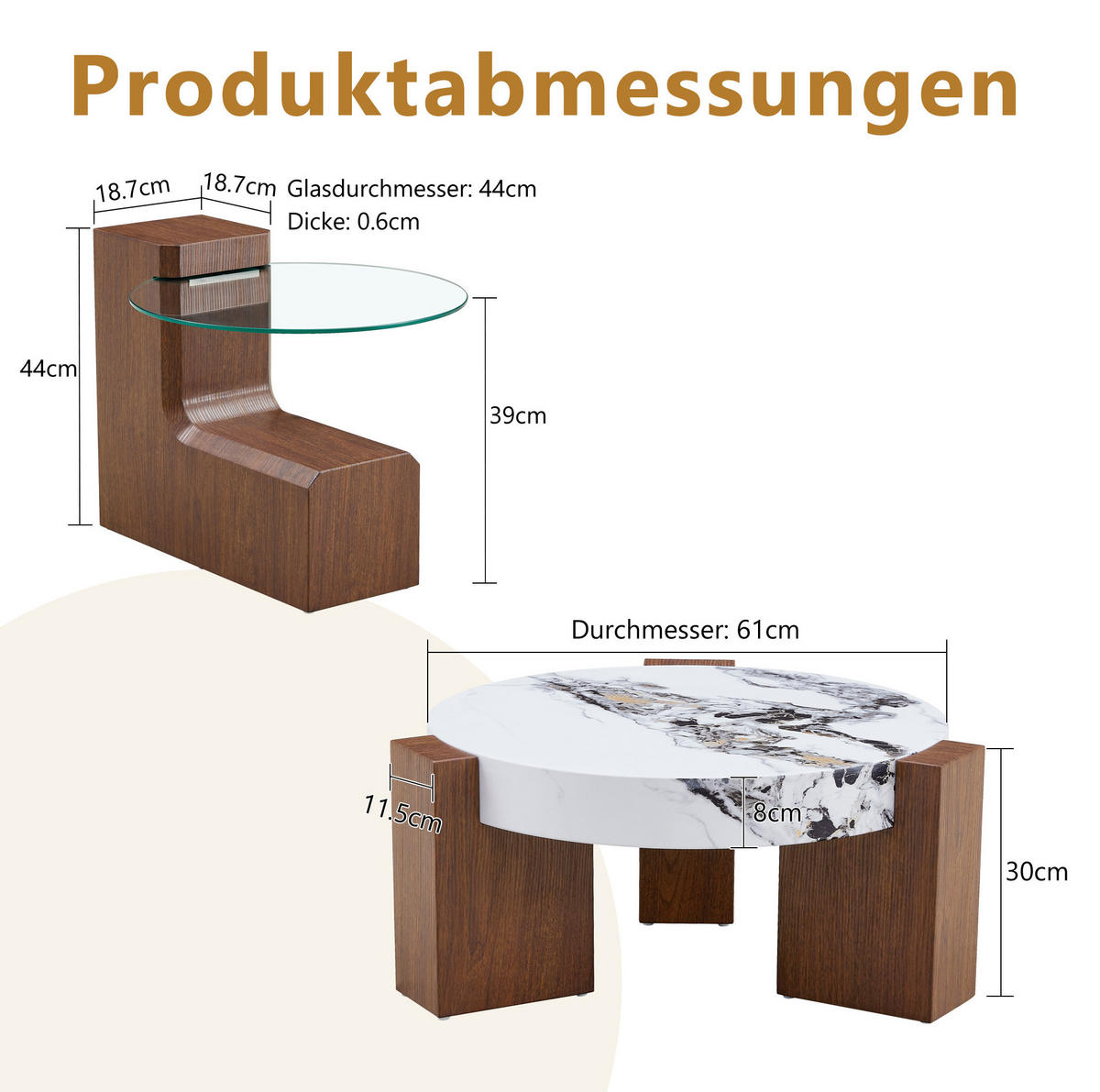 COUCHTISCH-SET aus MDF 61x61x30 cm und Sicherheitsglas in Nussbaum/Weiß, 2-teilig, mit zwei Ebenen - Nussbaumfarben, Holzwerkstoff (61/61/30cm) - IVMEU
