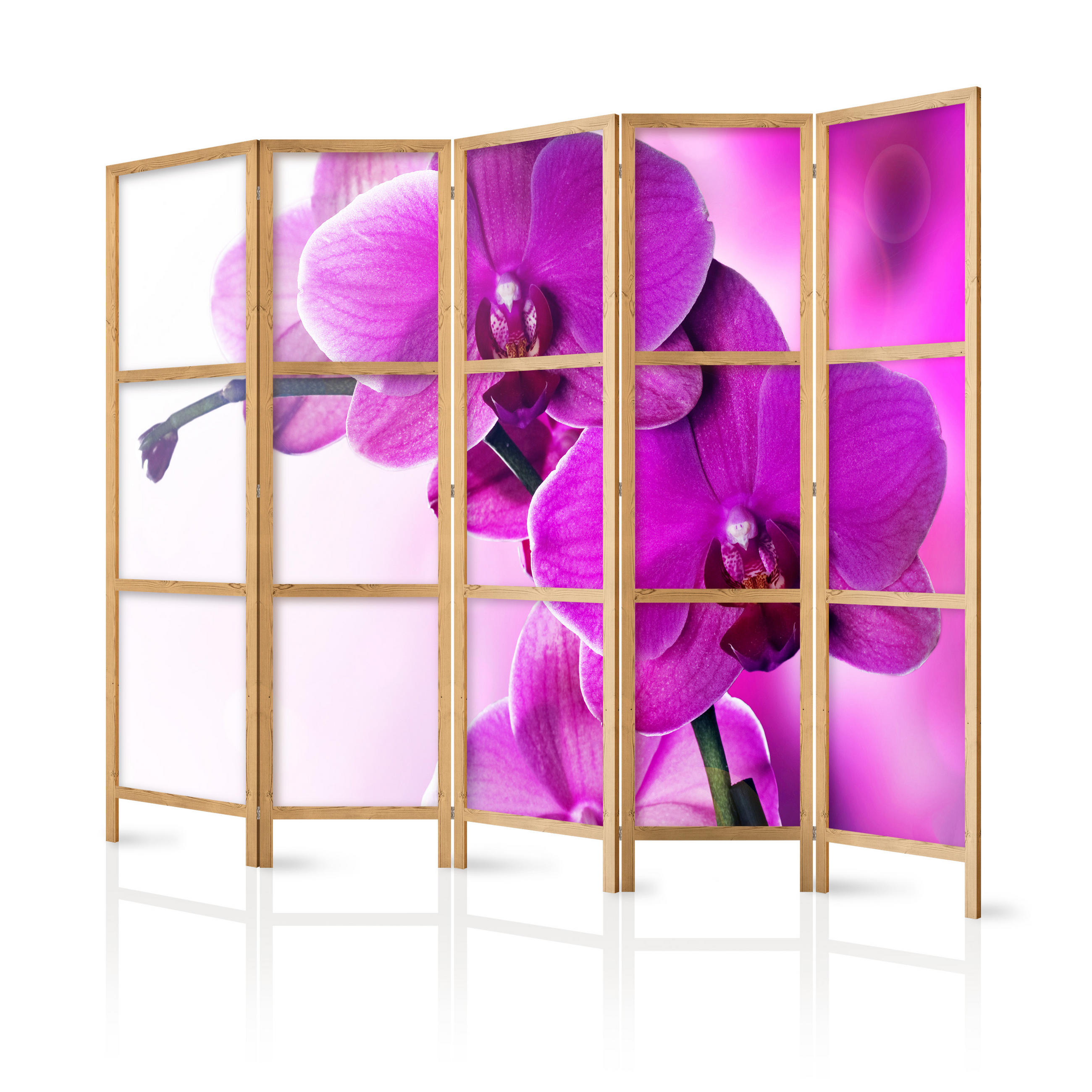 PARAVENT Japanischer 5-tlg 225x172 cm Orchideen Natur - Rosa, Holz/Textil (225/172/3cm) - Muralo