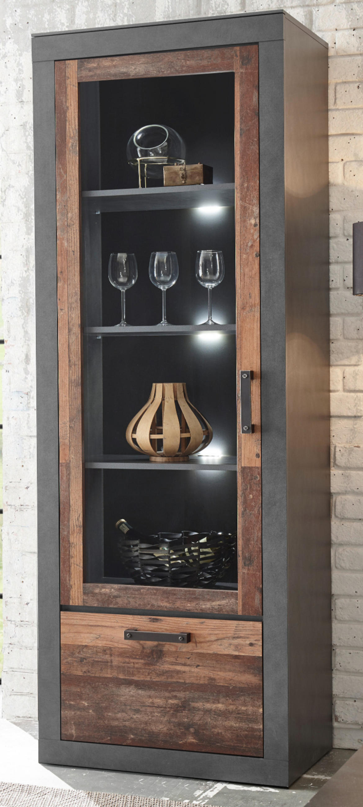 VITRINE Old Used Wood Shabby Design, grau, Vitrinenschrank mit 5 Fächern - Braun/Grau, Glas/Holzwerkstoff (65/201/40cm) - Furn.Design