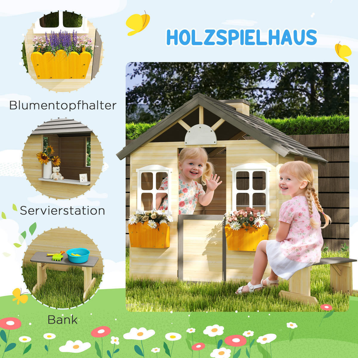 SPIELHAUS für Kinder Holz Kinderspielhaus mit Fenster Briefkasten Holzspielhaus - Naturfarben, Holz (94/134.5/113cm) - Outsunny