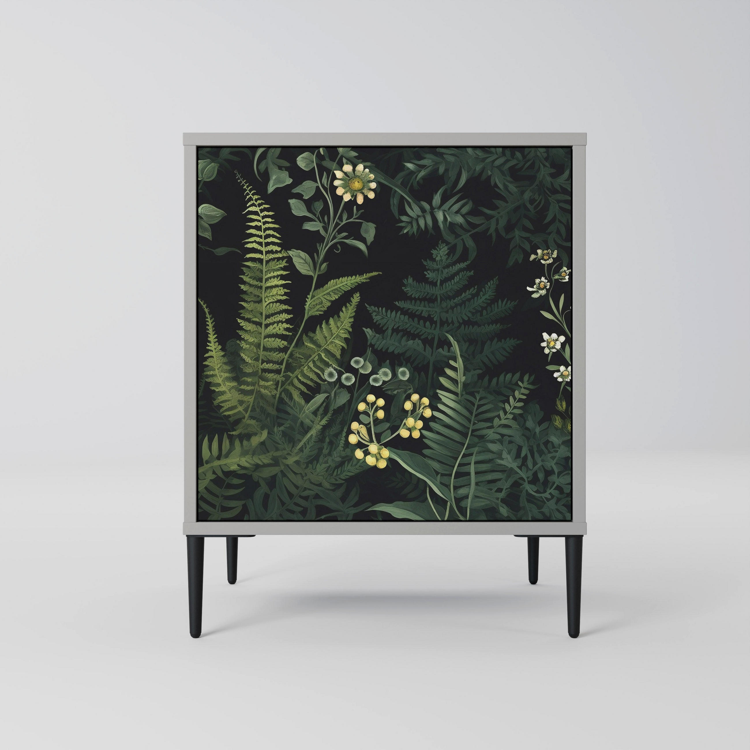 SIDEBOARD FERN FLOWERS, Grau, 57,5x42x72,5 cm, Schwarze Metallfüße - Multicolor/Schwarz, Holzwerkstoff/Metall (57.5/72.5/42cm) - SpaceRebels