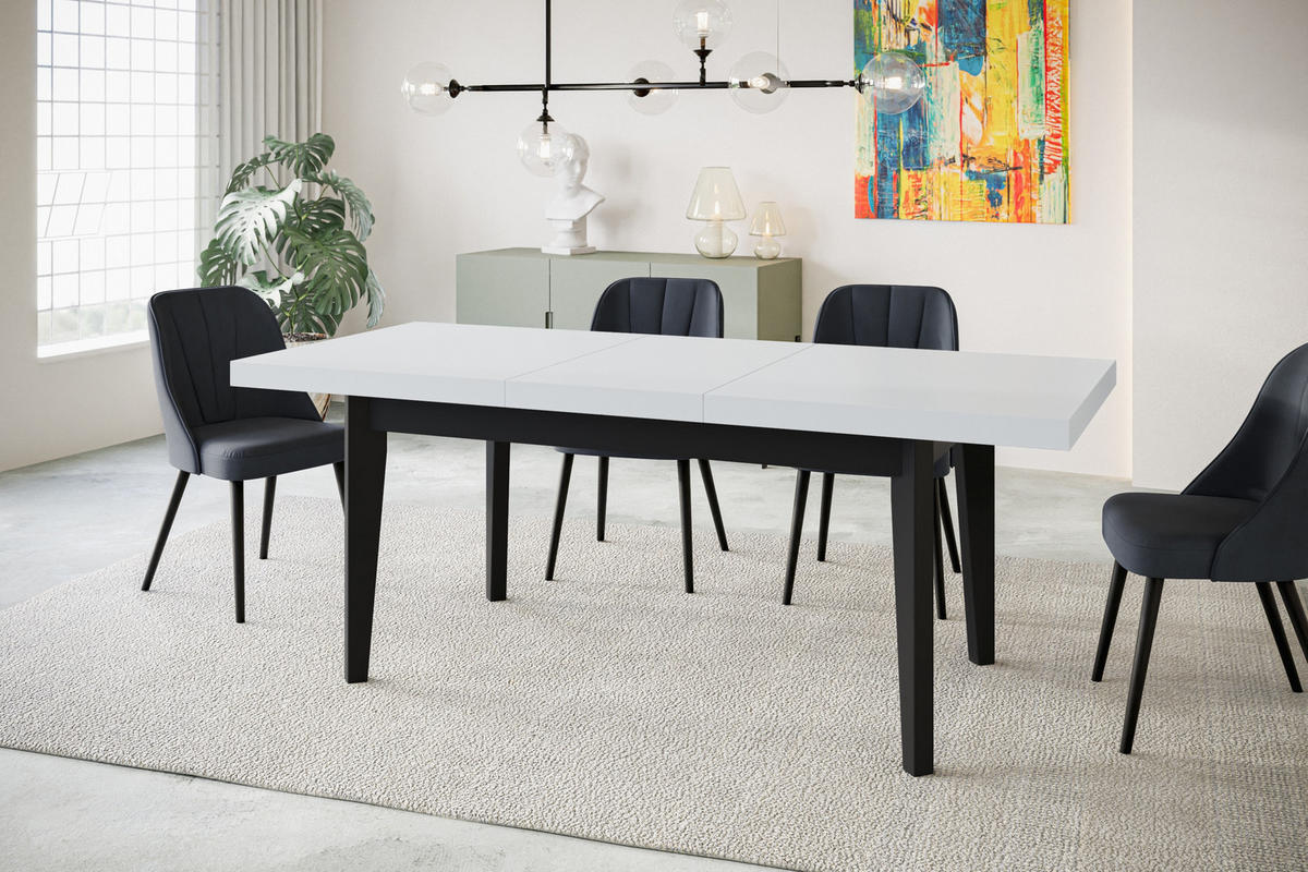 ESSZIMMERTISCH SKANDI, ausziehbarer Tisch: 200-300X100X78 cm, Farbe: Weiß, mit Holzbeinen in Farbe Schwarz - Schwarz/Weiß, Holzwerkstoff (200/100/78cm) - Alpi-Möbel