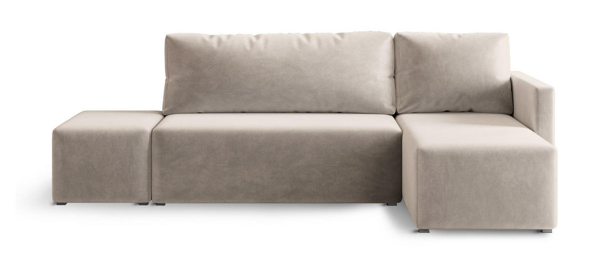 ECKSOFA VELOTTI R-S Beige Plüsch-Stoff mit Schlaffunktion - Beige, Holz (261/143cm) - MASSENO