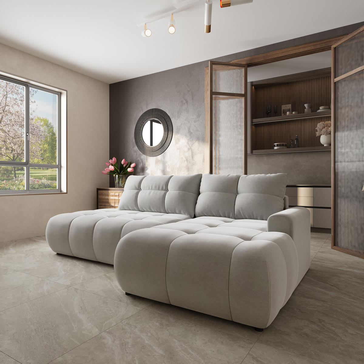 ECKSOFA FLUMA CL R-S Hellgrau Samtstoff mit Schlaffunktion - Hellgrau, Holzwerkstoff/Textil (279/158cm) - MASSENO