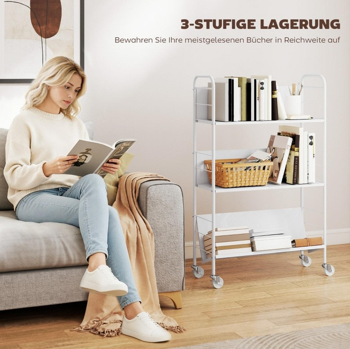BÜCHERREGAL aus Metall 69x26x108 cm Weiß mit 3 Ebenen und Rollen, platzsparendes Standregal - Weiß, Metall (69/108/26cm) - Modfu