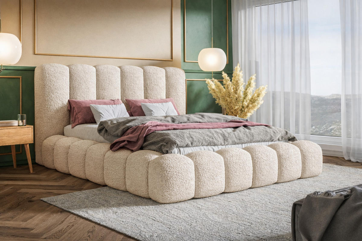 POLSTERBETT 180x200 Madeno mit Bettkasten, Boucle, Beige - Beige, Holz/Textil (180/200cm) - Emporius