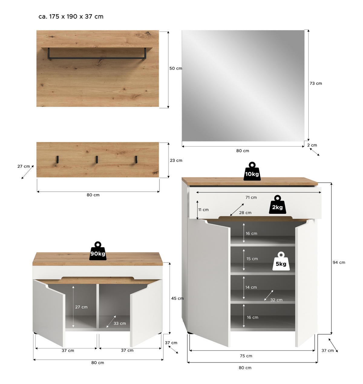 GARDEROBEN-SET weiß, Eiche Artisan 5-teilig 175 cm, Komplett-Set mit Soft-Close - Weiß, Glas/Holzwerkstoff (175/190/37cm) - Inn.Furn