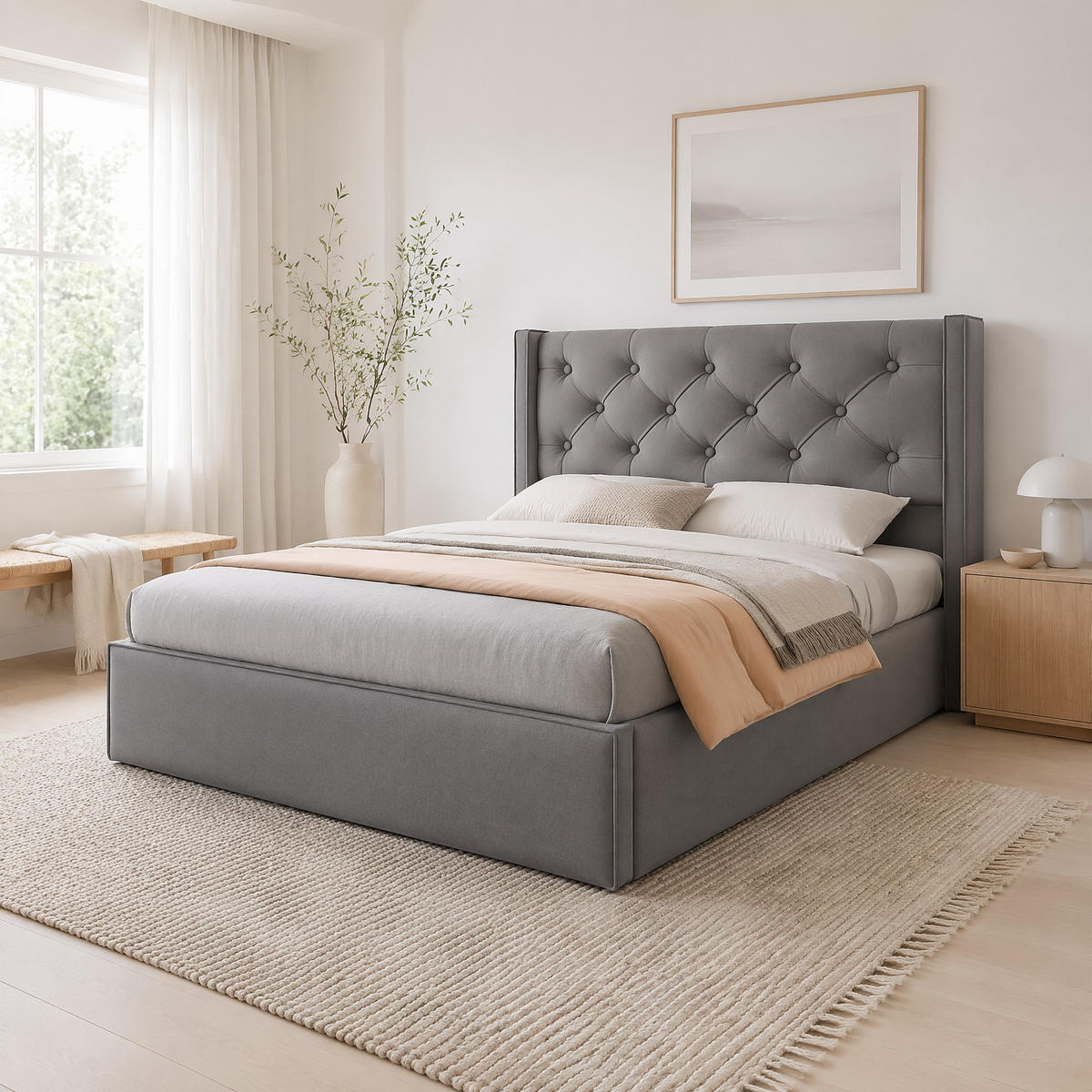POLSTERBETT 160/200 cm in Grau mit Bettkasten Stoff Retro-Design - Grau, Holzwerkstoff/Textil (160/200cm) - STILVORA