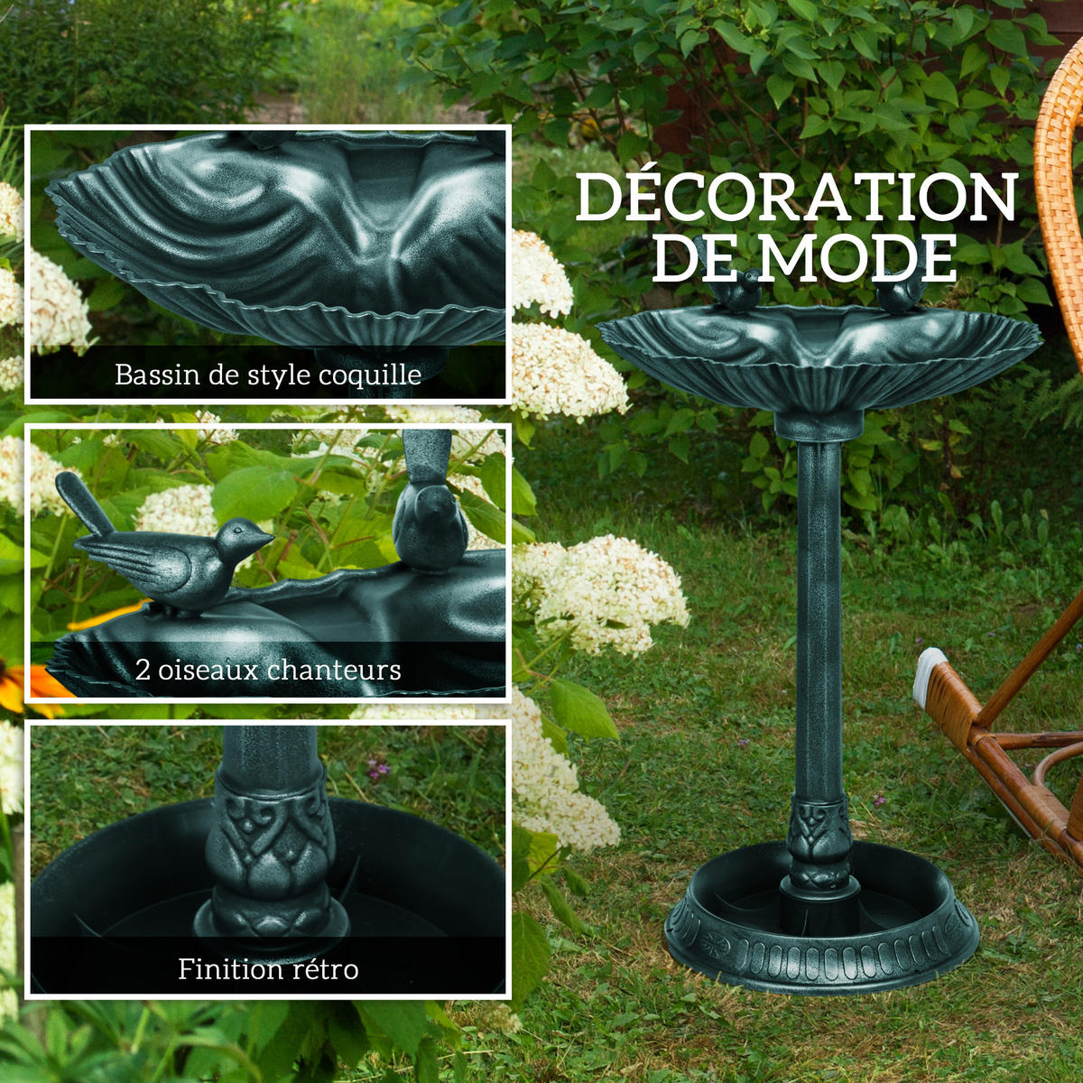 VOGELBAD DE-13846 mit 2 Becken und Vogelverzierung Bronze-Grün - Bronzefarben, Kunststoff (38/81/49.5cm) - ComfortXL