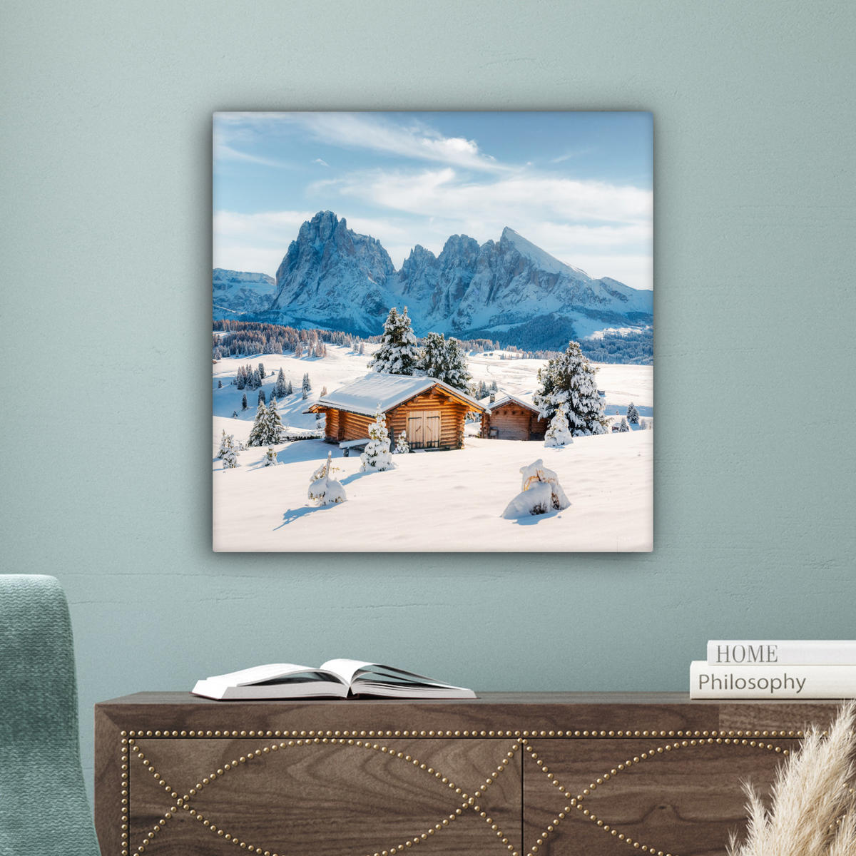 LEINWANDBILD Winter - Hütte - Berge - Aussicht - Schnee 50x50 cm - Eichefarben, Textil (50/50cm) - MuchoWow