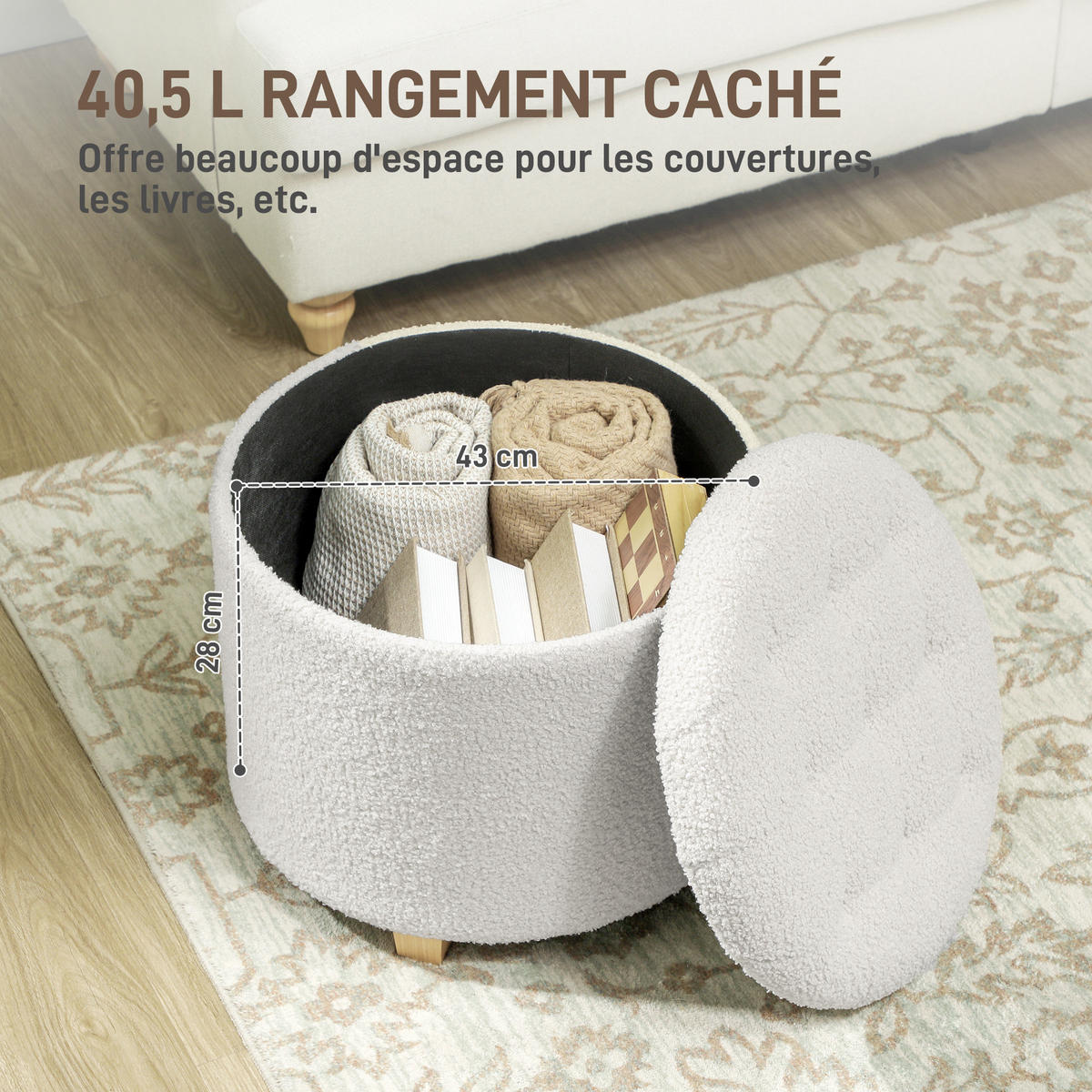 POUF DE-16423 rund mit Stauraum und Bouclé-Bezug Weiß - Weiß, Textil (45/41/45cm) - ComfortXL