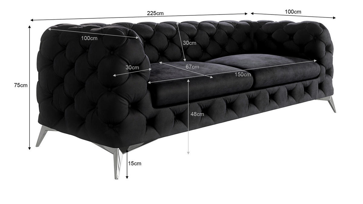 CHESTERFIELD-SOFA 3-Sitzer Laura Schwarz Samt - Silberfarben/Schwarz, Holz/Textil (225/75/100cm) - S-Style Möbel