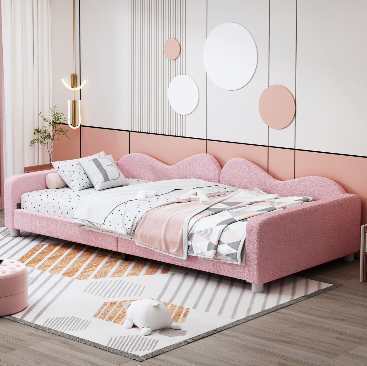 KINDERBETT 90/200 cm in Rosa mit Teddystoff und Rückenlehne - Rosa, Textil (90/200cm) - BEAOK