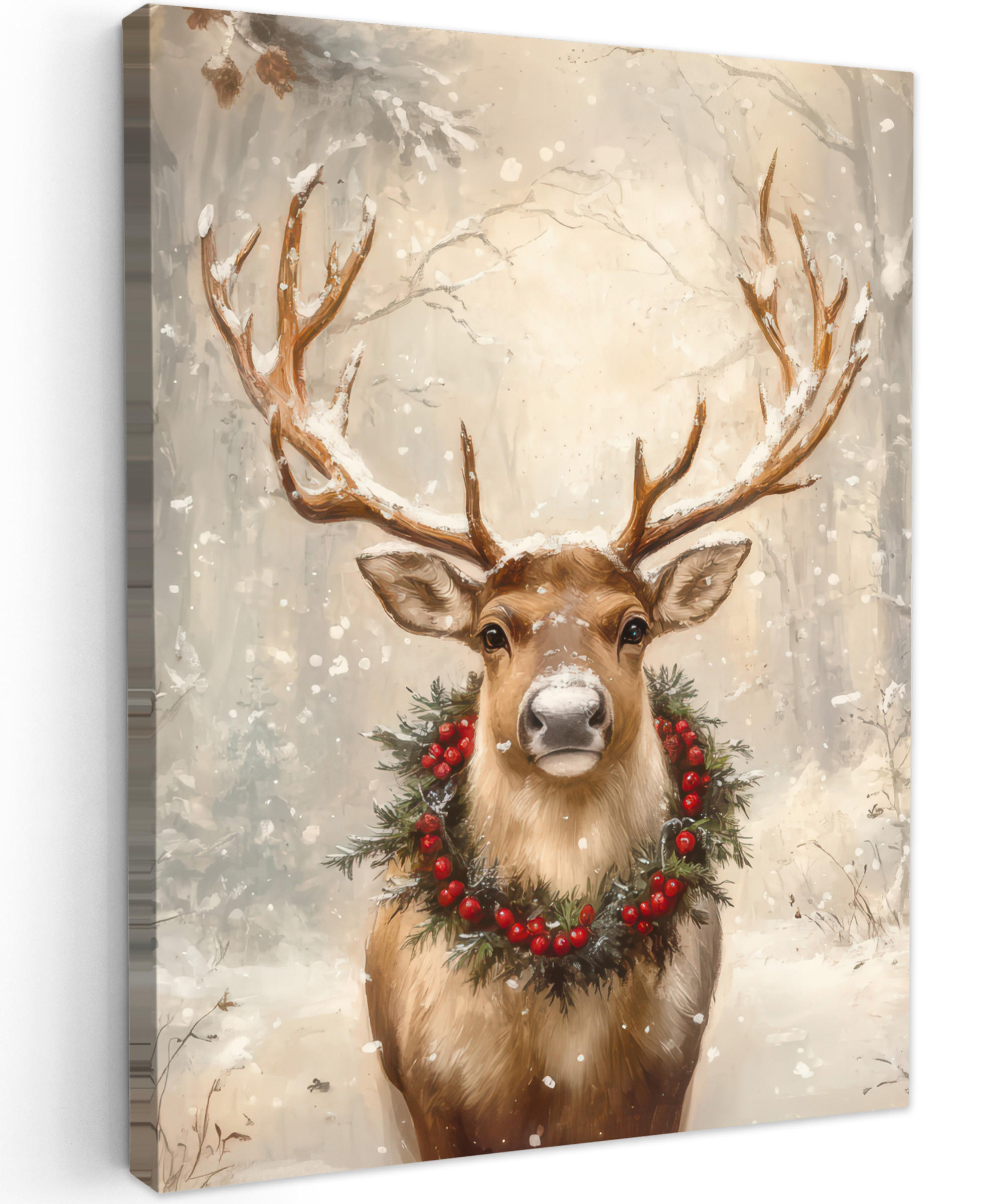 LEINWANDBILD Weihnachten - Rentier - Winter - Kranz 60x80 cm - Naturfarben, Textil (60/80cm) - MuchoWow