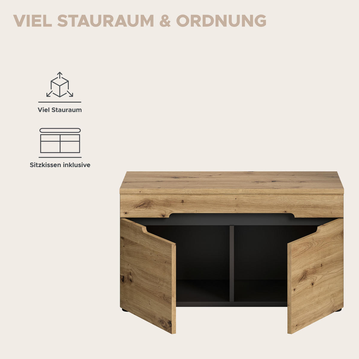 SITZBANK inkl. Sitzkissen Nova (B/H/T: ca. 80/45/37 cm) in Basalt grau/Artisan Nachbildung - Grau, Holzwerkstoff (80/45/37cm)