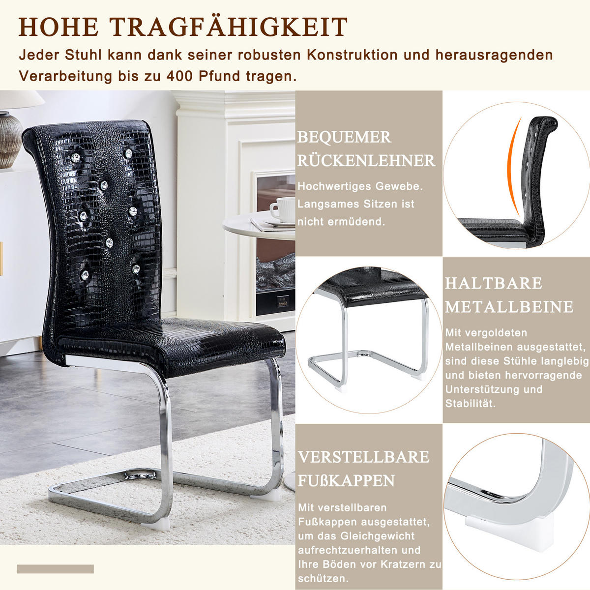 SCHWINGSTUHL DE-36793 4er-Set mit Krokodil-Prägung und Kristallknopf-Details Schwarz - Schwarz, Metall (41/101.5/57cm) - ComfortXL