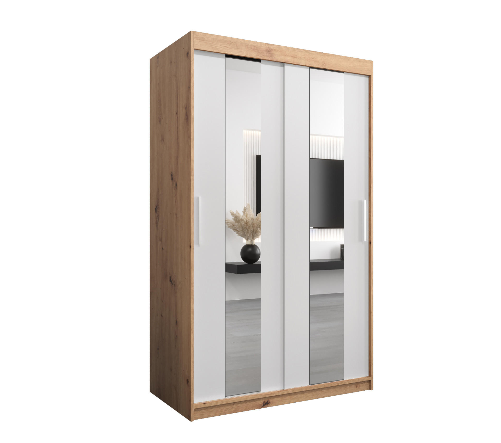 Abiks Möbel Schwebetürenschrank Eiche Artisan, Weiß 120x200x62 cm