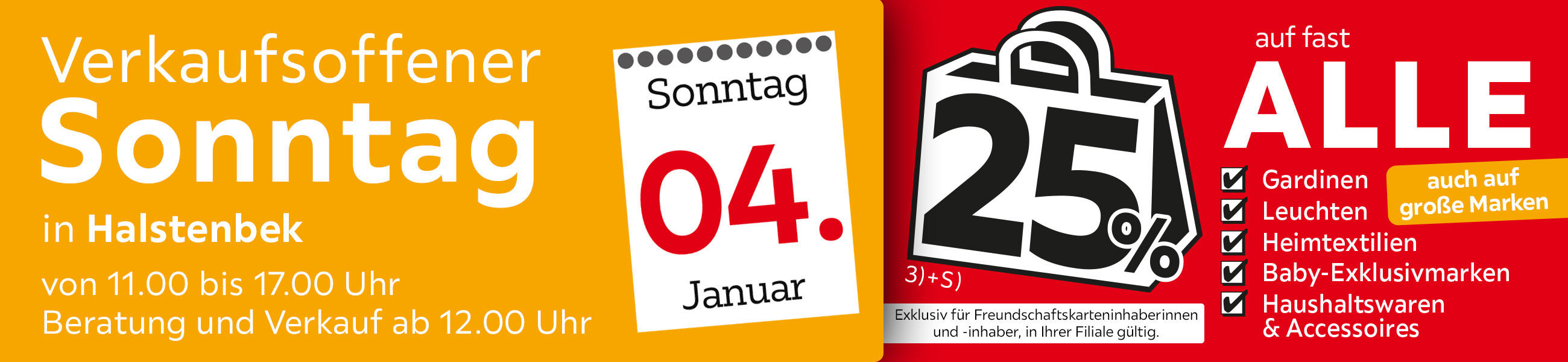 Verkaufsoffener Sonntag in Halstenbek am 04.01.2026 - 25% auf fast alle Gardinen, Leuchten, Heimtextilien Baby-Exklusivmarken Haushaltswaren und Accessoires auch auf große Marken