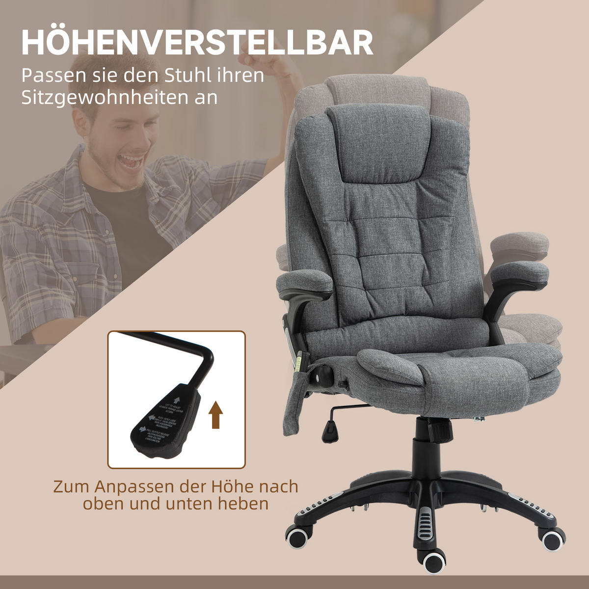 MASSAGESESSEL Chefsessel Gamingstuhl Drehstuhl Massagebürostuhl Grau - Dunkelgrau/Schwarz, Kunststoff/Textil (74/116/67cm) - Vinsetto