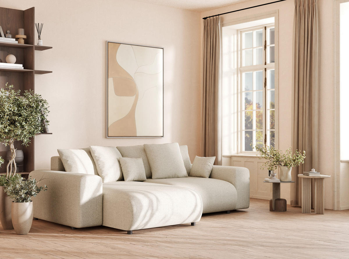 ECKSOFA MIT SCHLAFFUNKTION Solo Creme Webstoff - Creme/Schwarz, Holz/Holzwerkstoff (255/168cm) - Maison de Reve